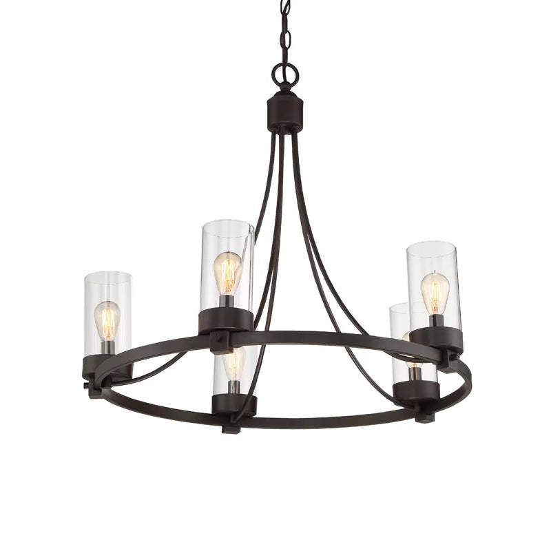 Black 5 Lights Pendant Chandelier Vintage Clear Glass Cylinder Hanging Ceiling Light Fixture Clearhalo 'Ceiling Lights' 'Chandeliers' Lighting' options 287418