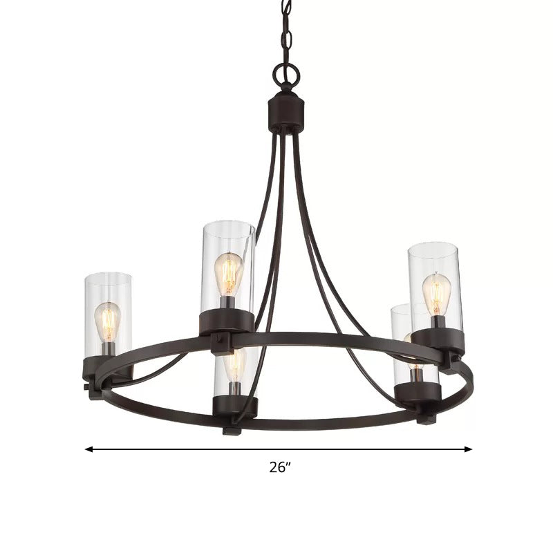 Black 5 Lights Pendant Chandelier Vintage Clear Glass Cylinder Hanging Ceiling Light Fixture Clearhalo 'Ceiling Lights' 'Chandeliers' Lighting' options 287419