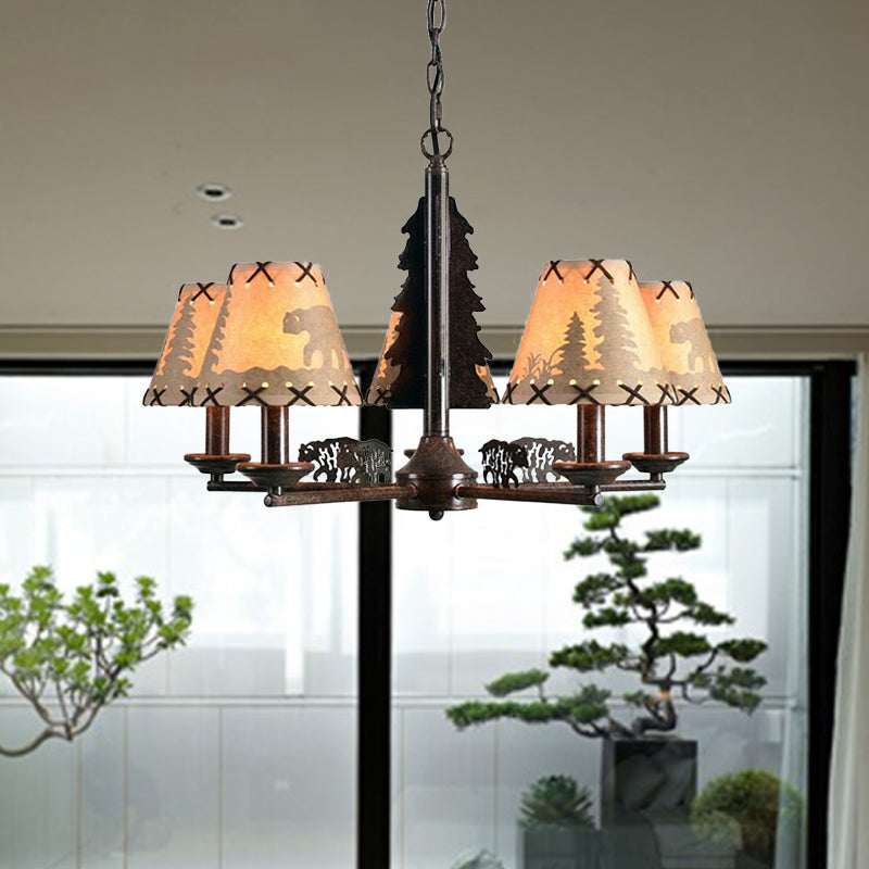 Cone Metal Chandelier Lighting Fixture Rural 5 Heads Dining Room Hanging Ceiling Light in Black with Beige Fabric Shade Clearhalo 'Ceiling Lights' 'Chandeliers' Lighting' options 287421