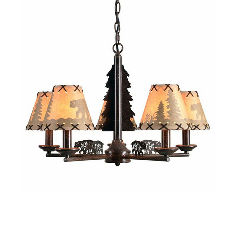 Cone Metal Chandelier Lighting Fixture Rural 5 Heads Dining Room Hanging Ceiling Light in Black with Beige Fabric Shade Clearhalo 'Ceiling Lights' 'Chandeliers' Lighting' options 287424