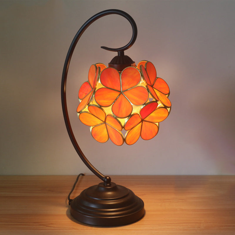 Blossom Shaped Table Light Single Head Beige/Pink/Yellow Glass Tiffany Style Nightstand Lamp for Bedroom Orange Red Clearhalo 'Lamps' 'Table Lamps' Lighting' 287461