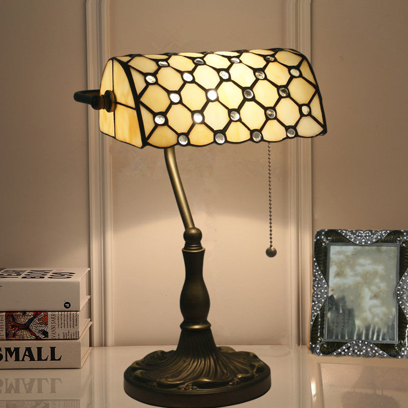 Jeweled Night Table Lamp Mediterranean Beige/Blue Glass Single Bulb Black Nightstand for Bedroom Beige Clearhalo 'Lamps' 'Table Lamps' Lighting' 287489