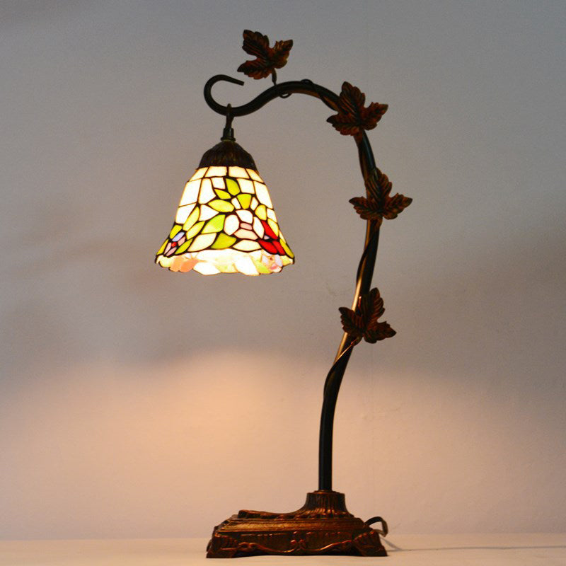 Rose/White/Dragonfly Nightstand Mediterranean Stained Glass Single Head Brown Table Lamp with Bridge Arm Black Morning Glory Clearhalo 'Lamps' 'Table Lamps' Lighting' 287578