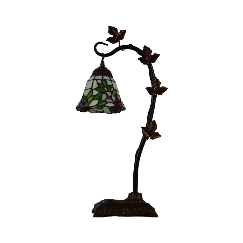 Rose/White/Dragonfly Nightstand Mediterranean Stained Glass Single Head Brown Table Lamp with Bridge Arm Clearhalo 'Lamps' 'Table Lamps' Lighting' 287579