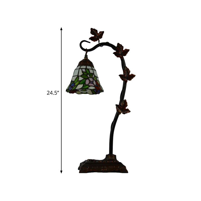 Rose/White/Dragonfly Nightstand Mediterranean Stained Glass Single Head Brown Table Lamp with Bridge Arm Clearhalo 'Lamps' 'Table Lamps' Lighting' 287580