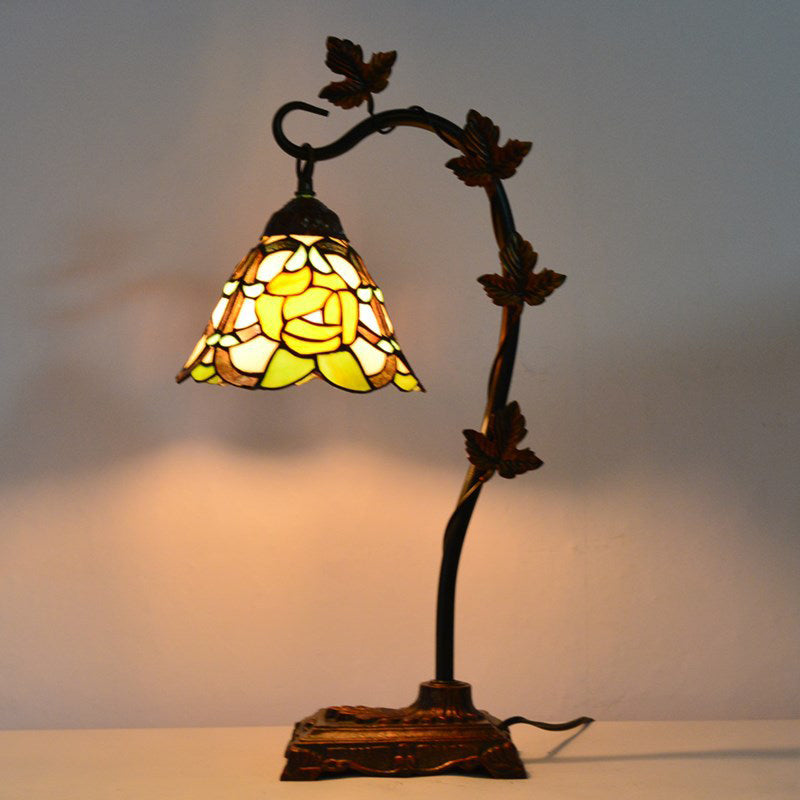 Rose/White/Dragonfly Nightstand Mediterranean Stained Glass Single Head Brown Table Lamp with Bridge Arm Black Rose Clearhalo 'Lamps' 'Table Lamps' Lighting' 287581