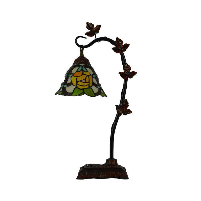 Rose/White/Dragonfly Nightstand Mediterranean Stained Glass Single Head Brown Table Lamp with Bridge Arm Clearhalo 'Lamps' 'Table Lamps' Lighting' 287582