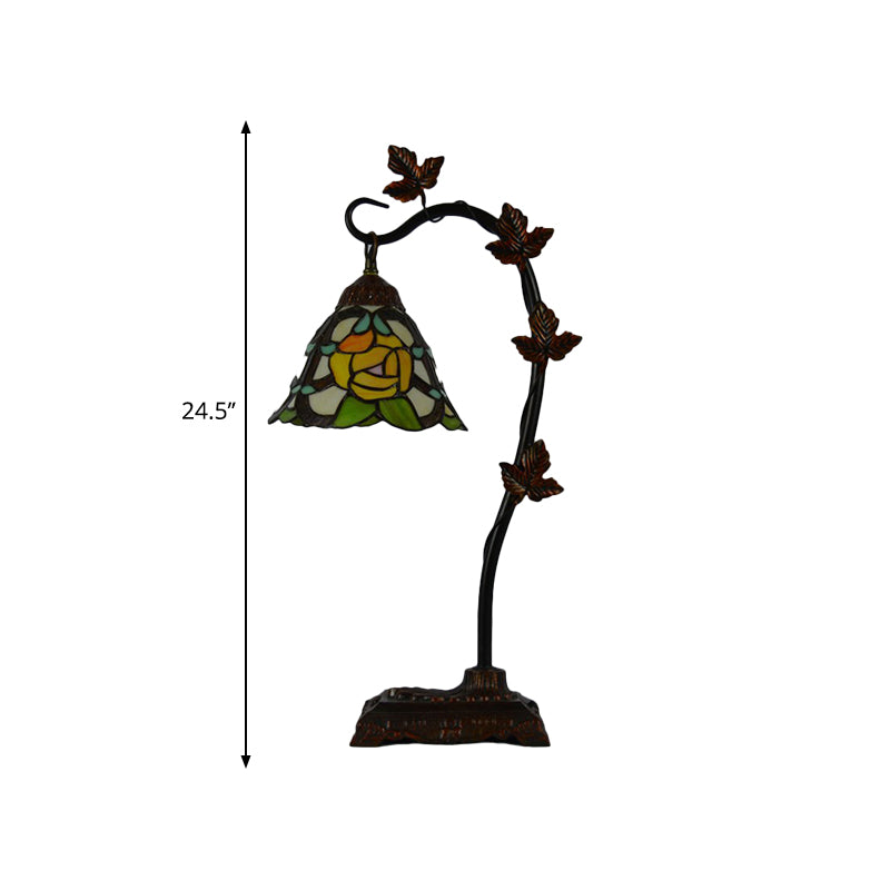 Rose/White/Dragonfly Nightstand Mediterranean Stained Glass Single Head Brown Table Lamp with Bridge Arm Clearhalo 'Lamps' 'Table Lamps' Lighting' 287583