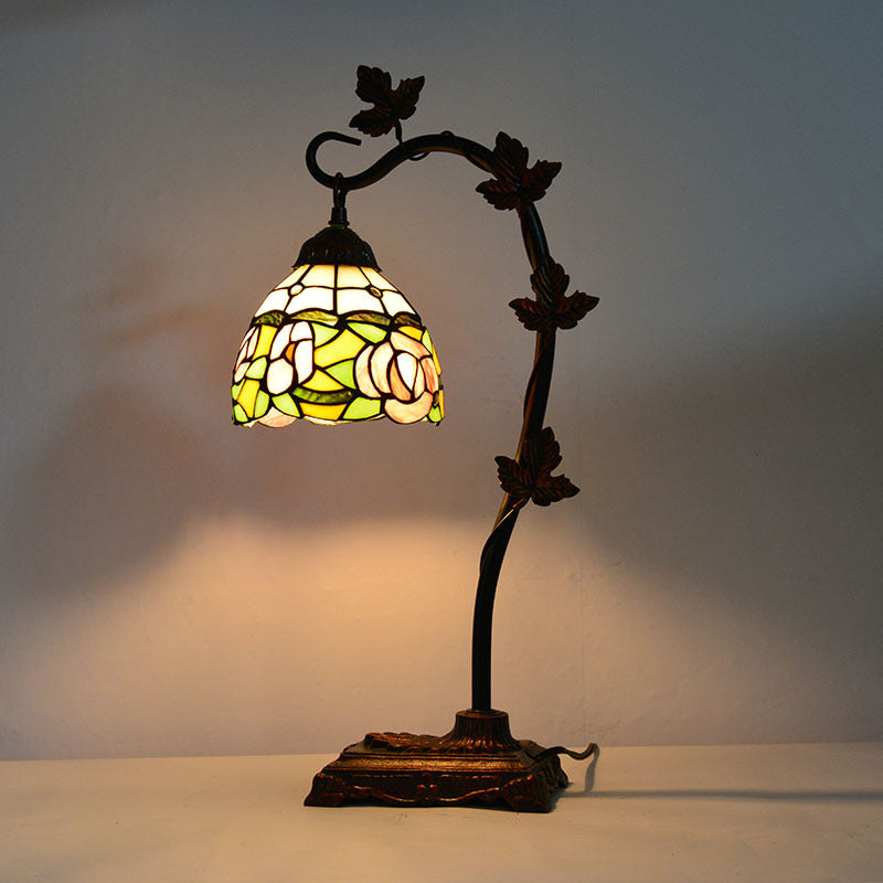 Rose/White/Dragonfly Nightstand Mediterranean Stained Glass Single Head Brown Table Lamp with Bridge Arm Black Peony Clearhalo 'Lamps' 'Table Lamps' Lighting' 287584