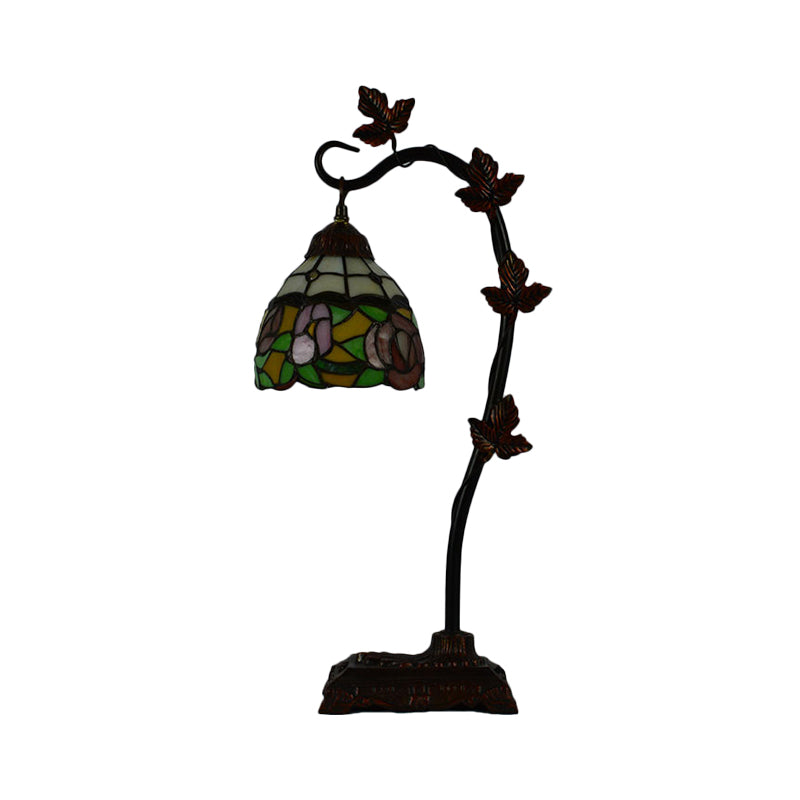 Rose/White/Dragonfly Nightstand Mediterranean Stained Glass Single Head Brown Table Lamp with Bridge Arm Clearhalo 'Lamps' 'Table Lamps' Lighting' 287585