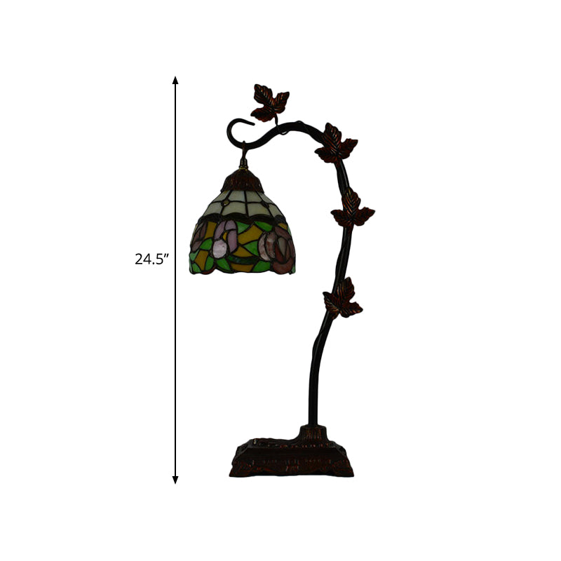 Rose/White/Dragonfly Nightstand Mediterranean Stained Glass Single Head Brown Table Lamp with Bridge Arm Clearhalo 'Lamps' 'Table Lamps' Lighting' 287586