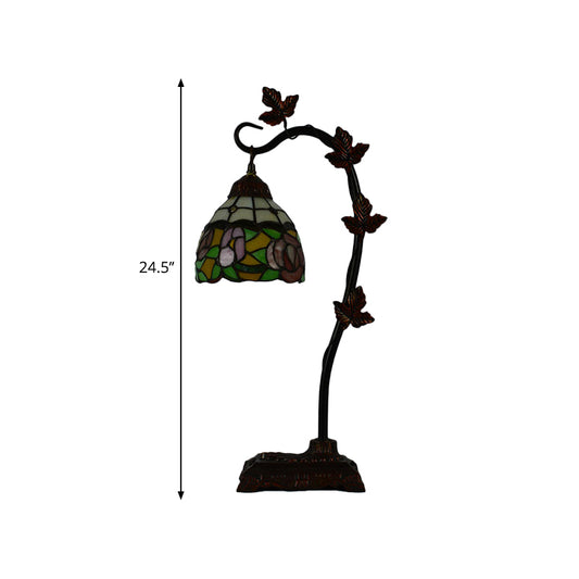 Rose/White/Dragonfly Nightstand Mediterranean Stained Glass Single Head Brown Table Lamp with Bridge Arm Clearhalo 'Lamps' 'Table Lamps' Lighting' 287586