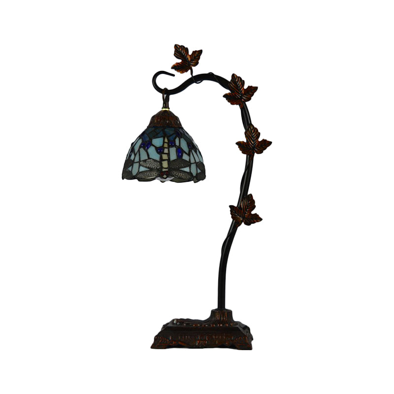 Rose/White/Dragonfly Nightstand Mediterranean Stained Glass Single Head Brown Table Lamp with Bridge Arm Clearhalo 'Lamps' 'Table Lamps' Lighting' 287588