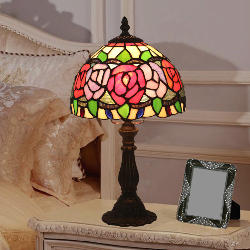 Antique Brass Single Head Night Table Lamp Mediterranean Stain Glass Pink Rose/Red Rose/Tulip Nightstand Clearhalo 'Lamps' 'Table Lamps' Lighting' 287639