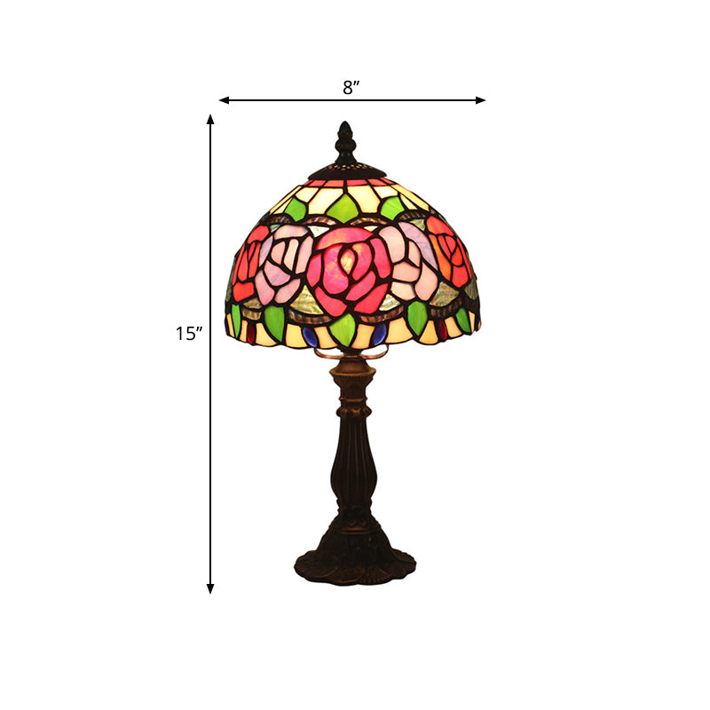 Antique Brass Single Head Night Table Lamp Mediterranean Stain Glass Pink Rose/Red Rose/Tulip Nightstand Clearhalo 'Lamps' 'Table Lamps' Lighting' 287642