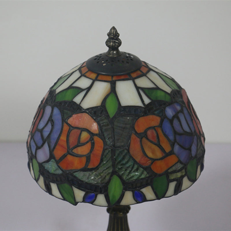 Antique Brass Single Head Night Table Lamp Mediterranean Stain Glass Pink Rose/Red Rose/Tulip Nightstand Clearhalo 'Lamps' 'Table Lamps' Lighting' 287643