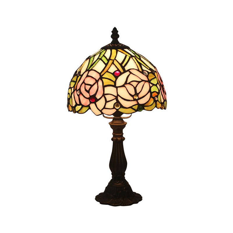 Antique Brass Single Head Night Table Lamp Mediterranean Stain Glass Pink Rose/Red Rose/Tulip Nightstand Antique Brass Pink Rose Clearhalo 'Lamps' 'Table Lamps' Lighting' 287644