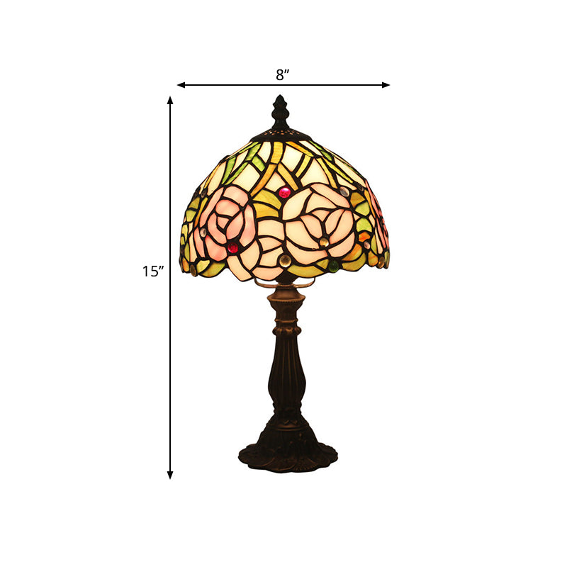 Antique Brass Single Head Night Table Lamp Mediterranean Stain Glass Pink Rose/Red Rose/Tulip Nightstand Clearhalo 'Lamps' 'Table Lamps' Lighting' 287645