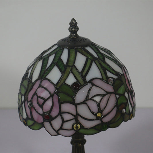 Antique Brass Single Head Night Table Lamp Mediterranean Stain Glass Pink Rose/Red Rose/Tulip Nightstand Clearhalo 'Lamps' 'Table Lamps' Lighting' 287646