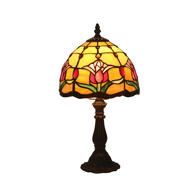 Antique Brass Single Head Night Table Lamp Mediterranean Stain Glass Pink Rose/Red Rose/Tulip Nightstand Antique Brass Tulip Clearhalo 'Lamps' 'Table Lamps' Lighting' 287647