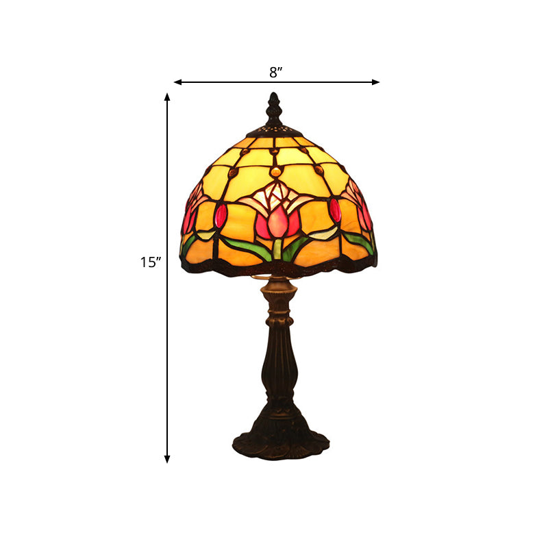 Antique Brass Single Head Night Table Lamp Mediterranean Stain Glass Pink Rose/Red Rose/Tulip Nightstand Clearhalo 'Lamps' 'Table Lamps' Lighting' 287648