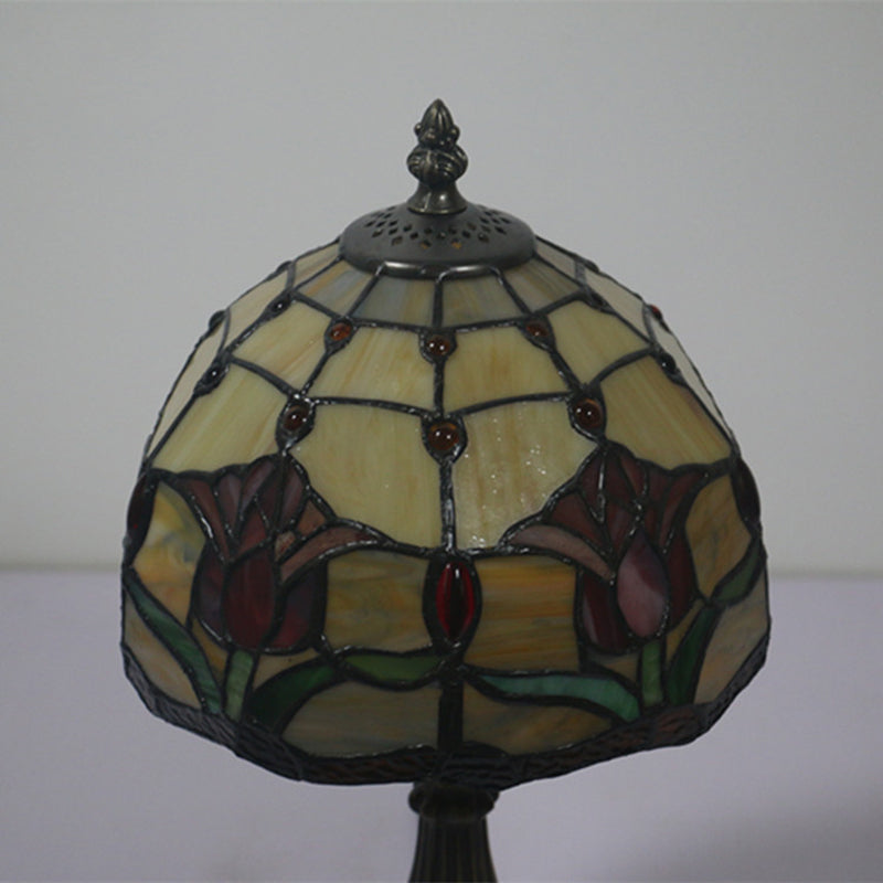 Antique Brass Single Head Night Table Lamp Mediterranean Stain Glass Pink Rose/Red Rose/Tulip Nightstand Clearhalo 'Lamps' 'Table Lamps' Lighting' 287649