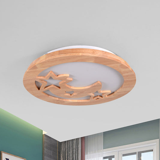 Carved Moon and Star Ceiling Lamp Contemporary Natural Wood LED Foyer Flush Mount Light Wood Clearhalo 'Ceiling Lights' 'Close To Ceiling Lights' 'Close to ceiling' 'Flush mount' Lighting' 287650