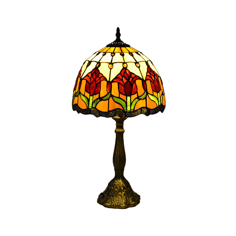 Flower Stain Glass Table Lamp Tiffany Style 1 Light Brass Nightstand Light for Bedroom Clearhalo 'Lamps' 'Table Lamps' Lighting' 287659