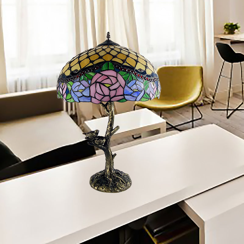 Stained Glass Brass Table Light Leaf/Rose/Peony Single Head Tiffany Style Nightstand Lamp for Bedroom Clearhalo 'Lamps' 'Table Lamps' Lighting' 287668