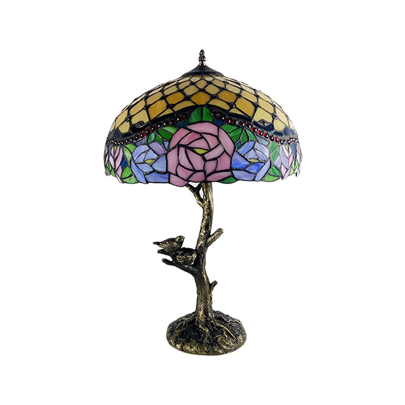 Stained Glass Brass Table Light Leaf/Rose/Peony Single Head Tiffany Style Nightstand Lamp for Bedroom Clearhalo 'Lamps' 'Table Lamps' Lighting' 287670