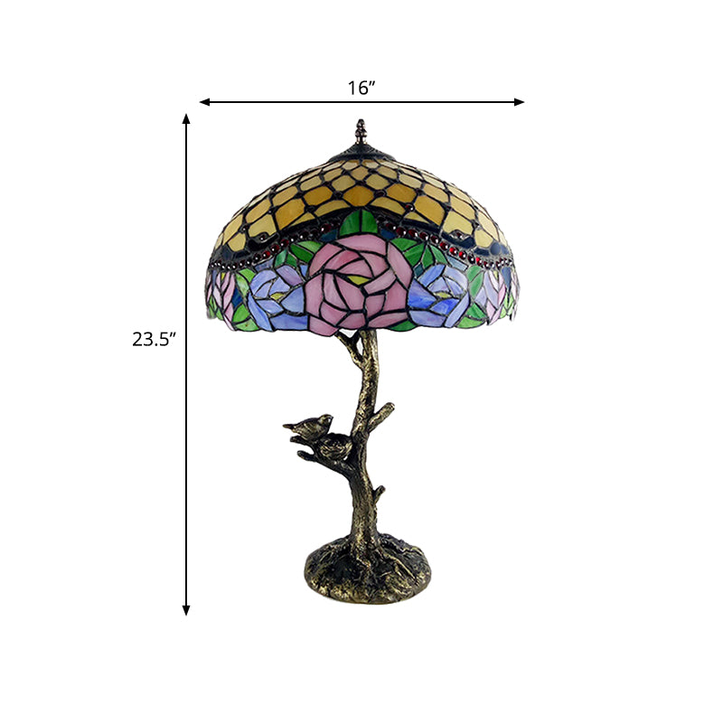 Stained Glass Brass Table Light Leaf/Rose/Peony Single Head Tiffany Style Nightstand Lamp for Bedroom Clearhalo 'Lamps' 'Table Lamps' Lighting' 287671