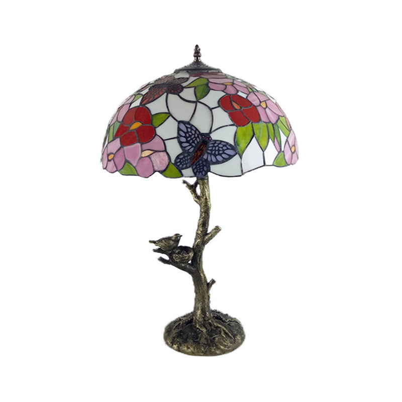 Stained Glass Brass Table Light Leaf/Rose/Peony Single Head Tiffany Style Nightstand Lamp for Bedroom Clearhalo 'Lamps' 'Table Lamps' Lighting' 287677