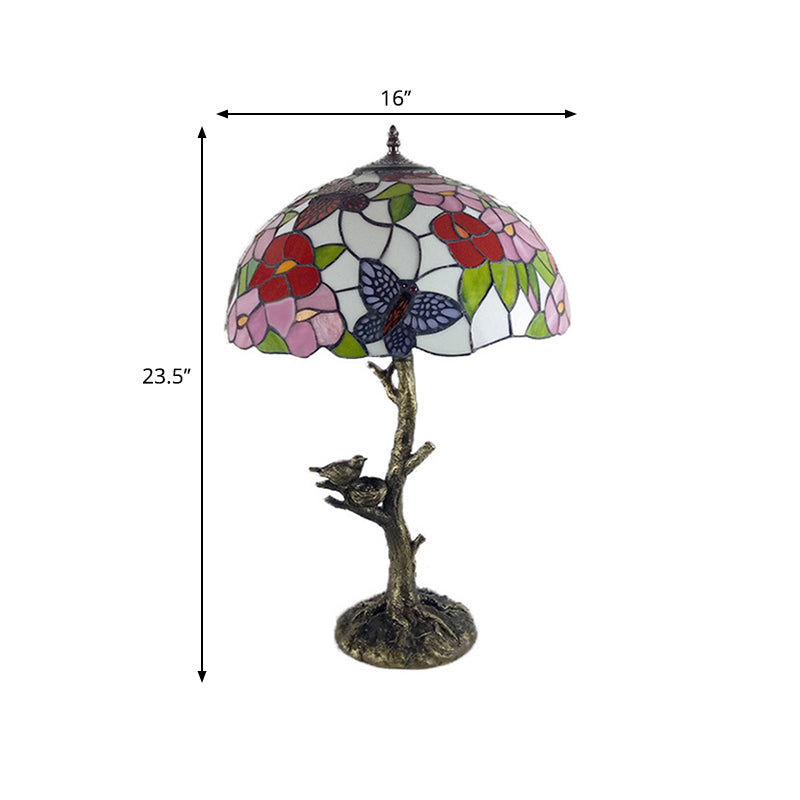 Stained Glass Brass Table Light Leaf/Rose/Peony Single Head Tiffany Style Nightstand Lamp for Bedroom Clearhalo 'Lamps' 'Table Lamps' Lighting' 287678