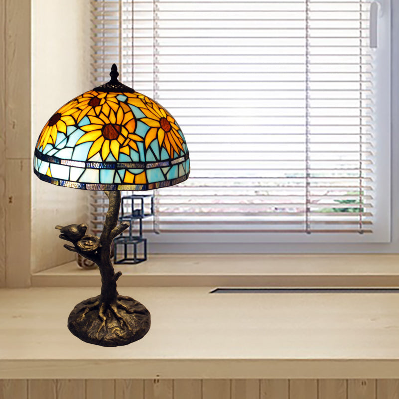 Sunflower Stained Glass Table Lamp Mediterranean 1 Light Antique Brass Nightstand Antique Brass Clearhalo 'Lamps' 'Table Lamps' Lighting' 287679