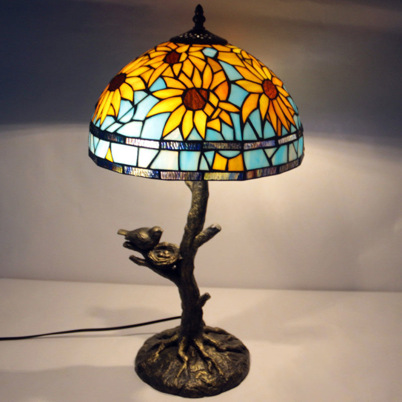 Sunflower Stained Glass Table Lamp Mediterranean 1 Light Antique Brass Nightstand Clearhalo 'Lamps' 'Table Lamps' Lighting' 287680