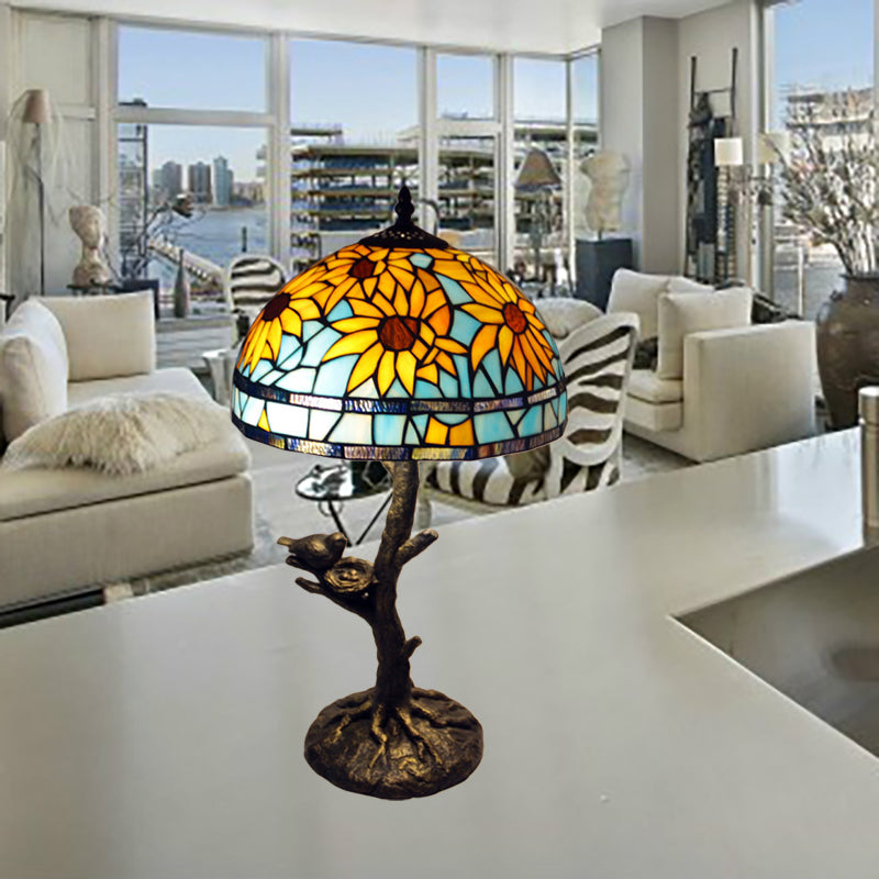 Sunflower Stained Glass Table Lamp Mediterranean 1 Light Antique Brass Nightstand Clearhalo 'Lamps' 'Table Lamps' Lighting' 287681