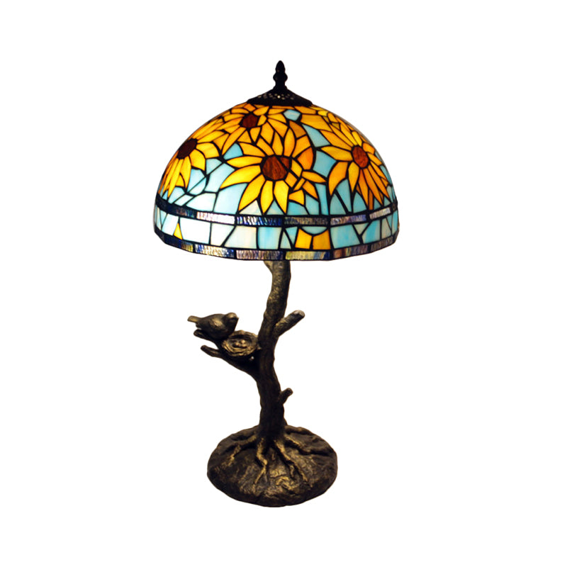 Sunflower Stained Glass Table Lamp Mediterranean 1 Light Antique Brass Nightstand Clearhalo 'Lamps' 'Table Lamps' Lighting' 287682