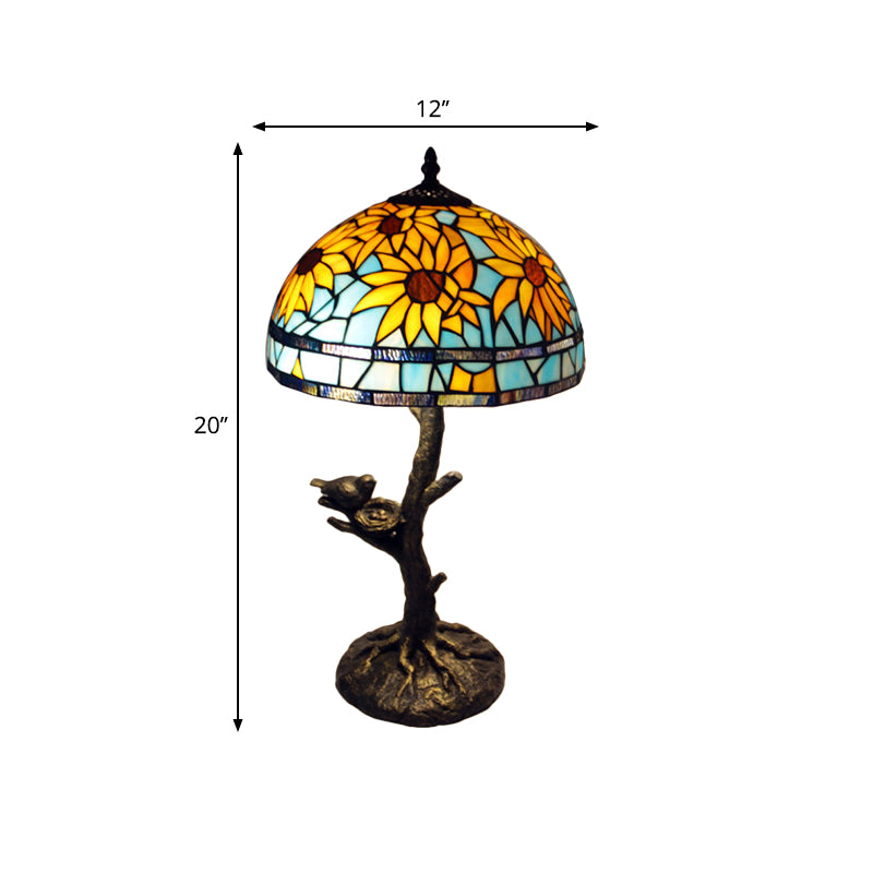 Sunflower Stained Glass Table Lamp Mediterranean 1 Light Antique Brass Nightstand Clearhalo 'Lamps' 'Table Lamps' Lighting' 287683