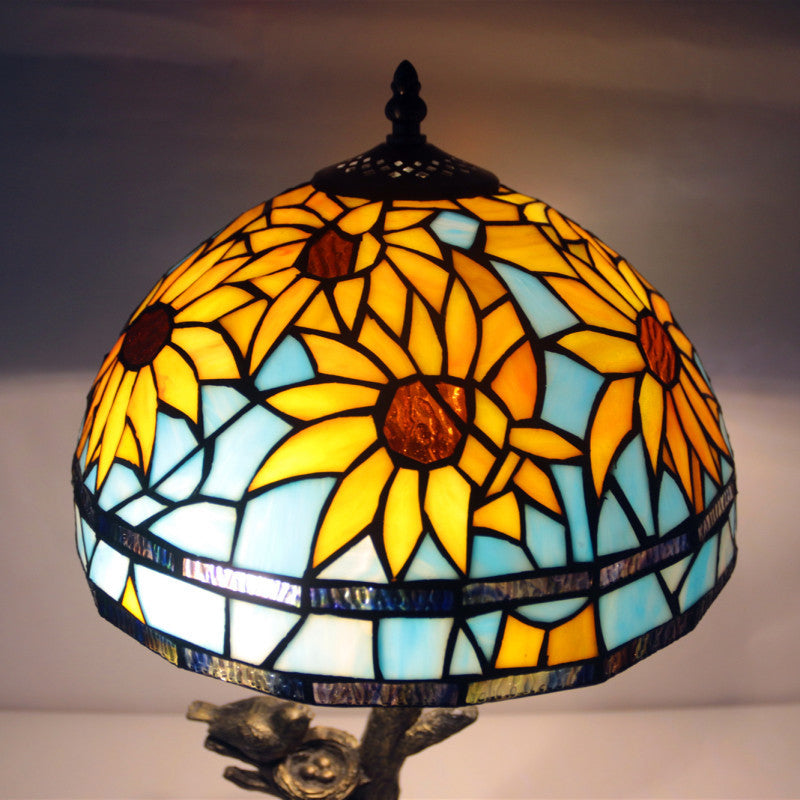 Sunflower Stained Glass Table Lamp Mediterranean 1 Light Antique Brass Nightstand Clearhalo 'Lamps' 'Table Lamps' Lighting' 287684