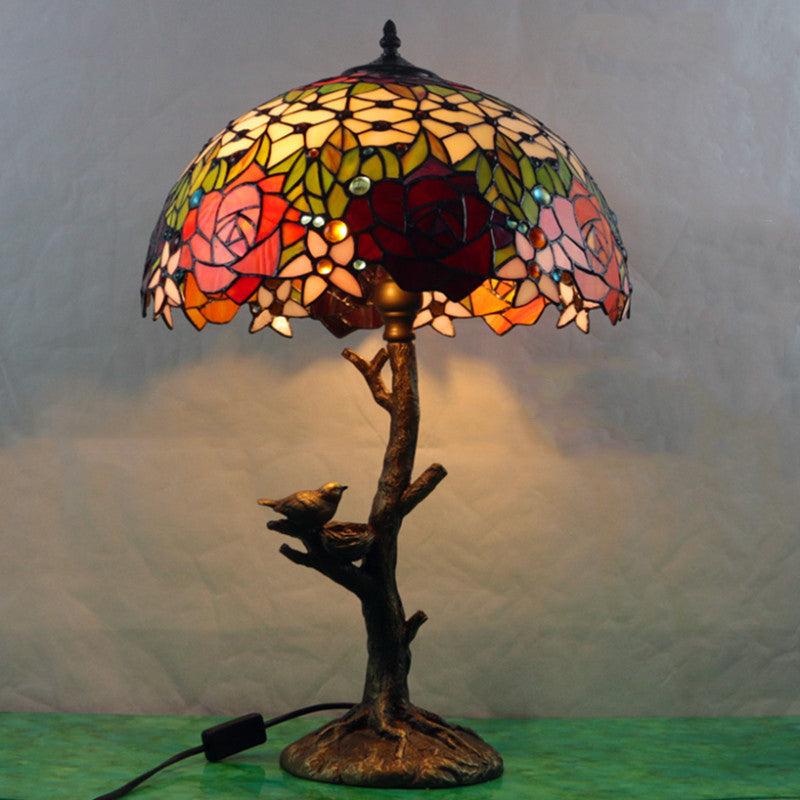 Antique Brass Single Light Nightstand Mediterranean Stained Glass Rose/Dragonfly/Victorian Night Table Light for Bedside Clearhalo 'Lamps' 'Table Lamps' Lighting' 287686