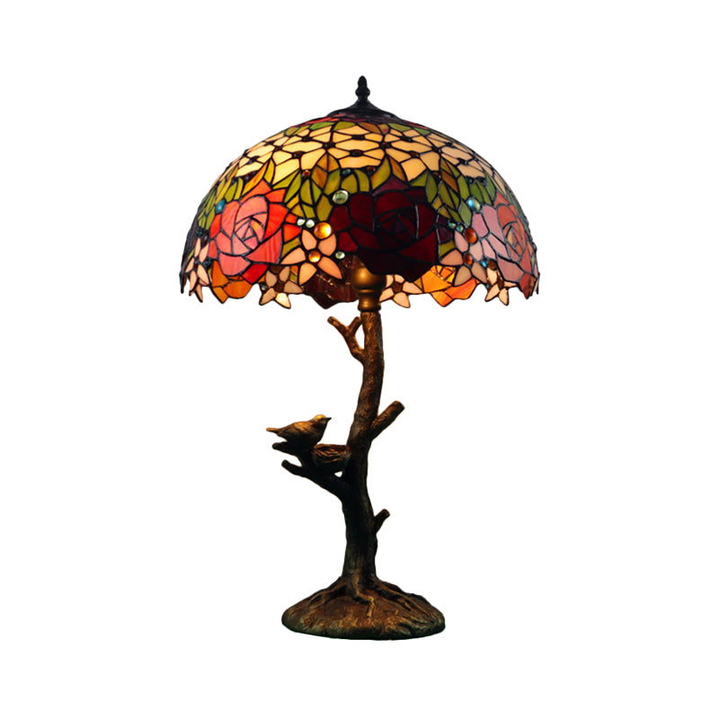 Antique Brass Single Light Nightstand Mediterranean Stained Glass Rose/Dragonfly/Victorian Night Table Light for Bedside Clearhalo 'Lamps' 'Table Lamps' Lighting' 287688