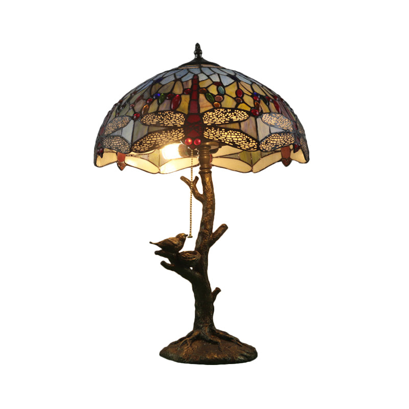 Antique Brass Single Light Nightstand Mediterranean Stained Glass Rose/Dragonfly/Victorian Night Table Light for Bedside Antique Brass Dragonfly Clearhalo 'Lamps' 'Table Lamps' Lighting' 287693