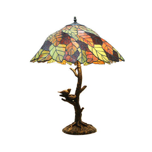 1 Light Nightstand Lamp Mediterranean Leaf Stained Glass Table Light in Brass for Indoor Clearhalo 'Lamps' 'Table Lamps' Lighting' 287698