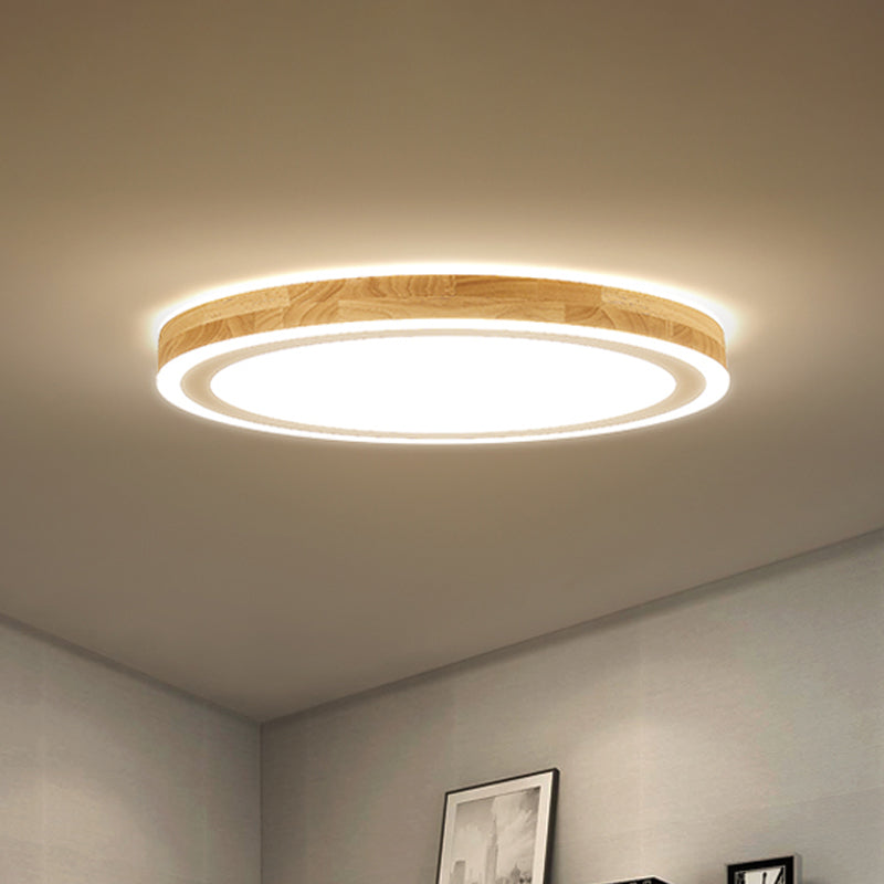 Super Thin Round Flush Lighting 12"/15" Dia Nordic Style Natural Wood LED Ceiling Lamp Kit for Bedroom Wood Clearhalo 'Ceiling Lights' 'Close To Ceiling Lights' 'Close to ceiling' 'Flush mount' Lighting' 287796