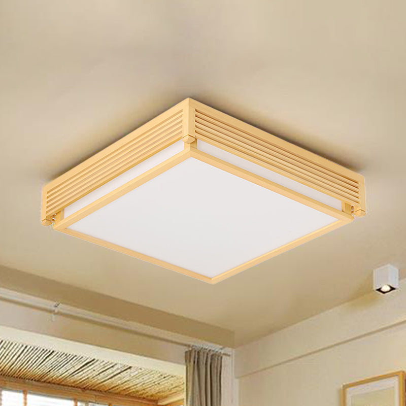 Square Box Acrylic Flush Mount Light 14"/18"/21.5"W Simple LED Beige Ceiling Lighting in Warm/White Light with Wood Guard Wood Clearhalo 'Ceiling Lights' 'Close To Ceiling Lights' 'Close to ceiling' 'Flush mount' Lighting' 287825