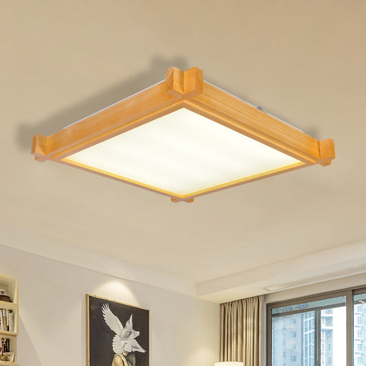 LED Living Room Flush Mount Light Minimalist Beige Ceiling Lighting with Square Wood Shade in Warm/White Light, 15"/19"/21.5" W Wood Clearhalo 'Ceiling Lights' 'Close To Ceiling Lights' 'Close to ceiling' 'Flush mount' Lighting' 287844