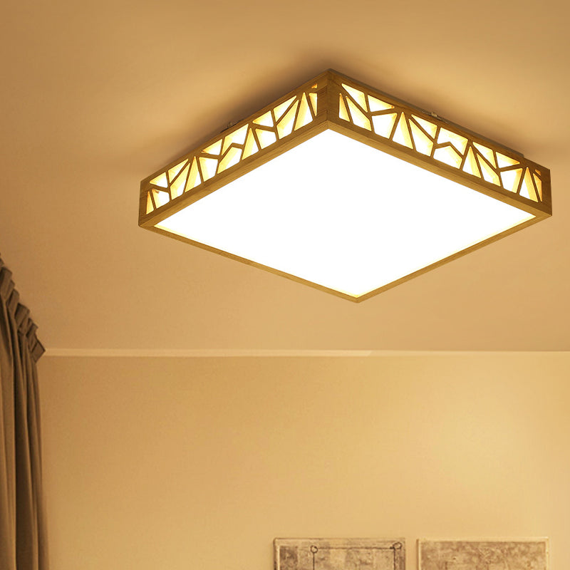 Hollowed Square Box Ceiling Lamp Modern Stylish Wooden LED Study Room Flushmount in Warm/White Light/Remote Control Stepless Dimming Wood Clearhalo 'Ceiling Lights' 'Close To Ceiling Lights' 'Close to ceiling' 'Flush mount' Lighting' 287859