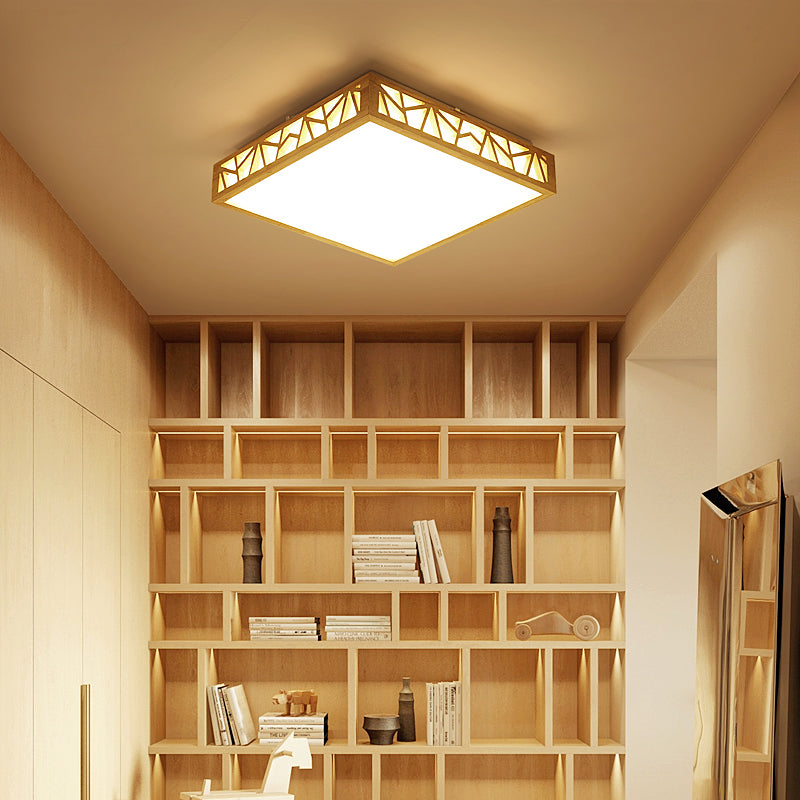 Hollowed Square Box Ceiling Lamp Modern Stylish Wooden LED Study Room Flushmount in Warm/White Light/Remote Control Stepless Dimming Clearhalo 'Ceiling Lights' 'Close To Ceiling Lights' 'Close to ceiling' 'Flush mount' Lighting' 287861