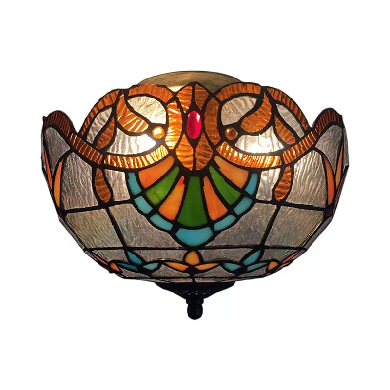 Stained Glass Ceiling Light, 2 Lights Baroque Flush Mount Lighting in Aged Brass with Jewel Decoration for Bedroom Clear Clearhalo 'Ceiling Lights' 'Close To Ceiling Lights' 'Close to ceiling' 'Glass shade' 'Glass' 'Pendant Lights' 'Semi-flushmount' 'Tiffany close to ceiling' 'Tiffany' Lighting' 2879