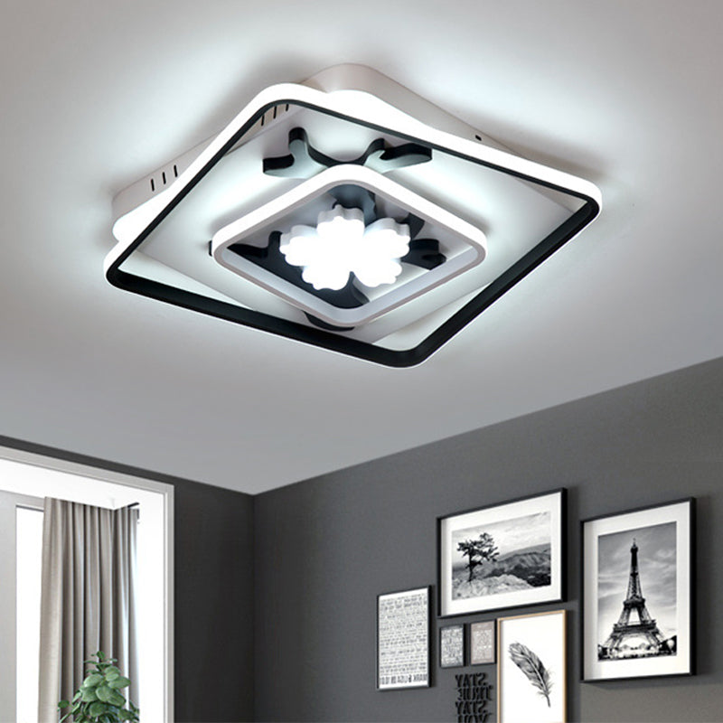 Square Flush Mount Lamp Modern Acrylic Black 19.5"/23.5" Wide LED Ceiling Light with Flower Decoration Black Clearhalo 'Ceiling Lights' 'Close To Ceiling Lights' 'Close to ceiling' 'Flush mount' Lighting' 287916